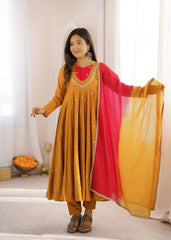Yellow Sequins Embroidered Anarkali Suit – front view, contrast yoke and V-neckline mirror work
