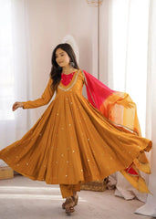 Yellow Suit – full-length angled pose showing contrast yoke and Anarkali volume