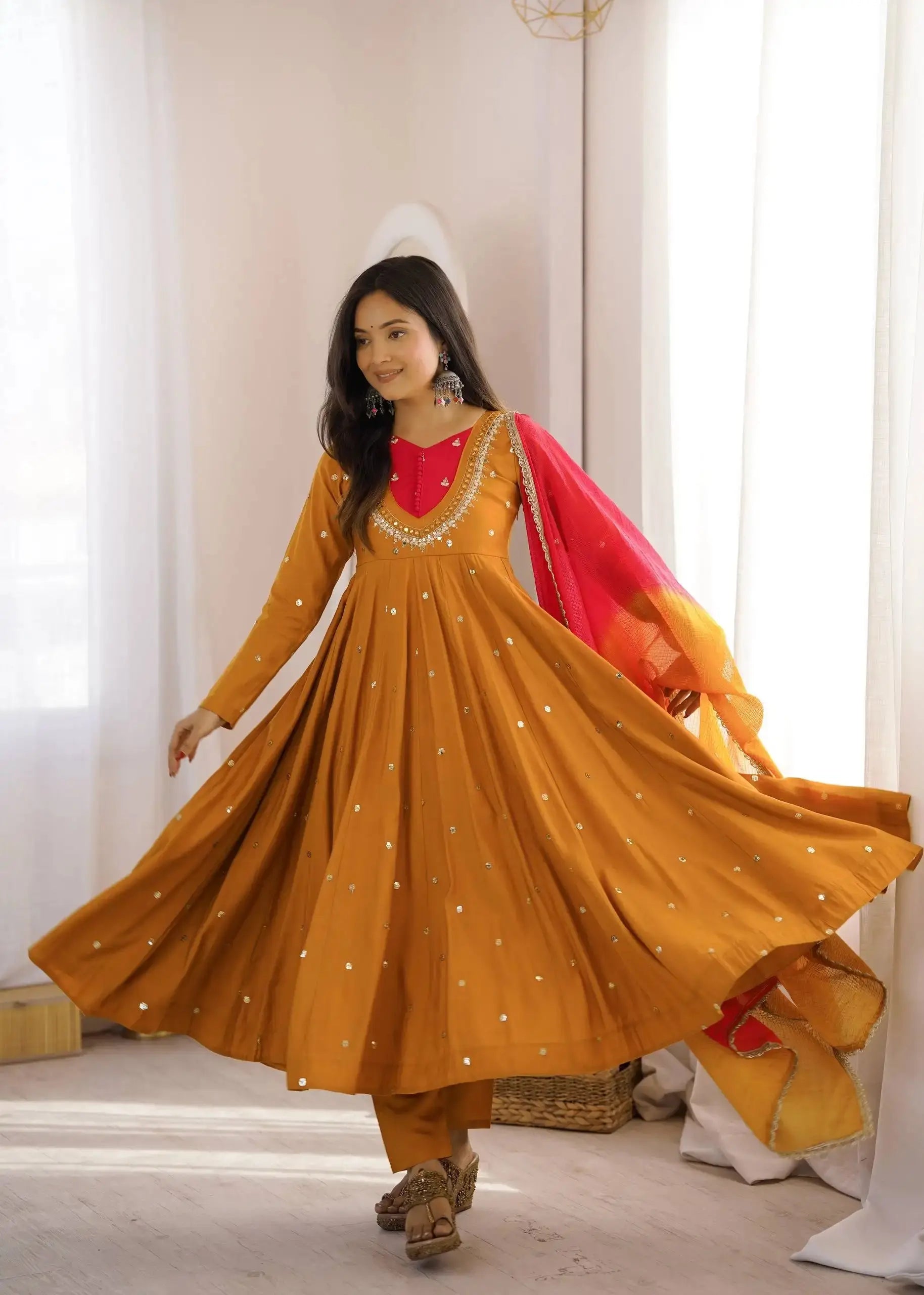 Yellow Embroidered Anarkali Suit – full-length pose with dupatta draped over shoulder