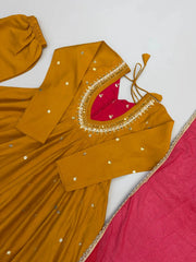 Yellow Anarkali Suit – full-length standing pose showing straight pant and flair