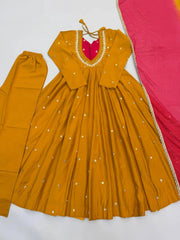 Yellow Embroidered Anarkali Suit – full-length pose with complete 3-piece set