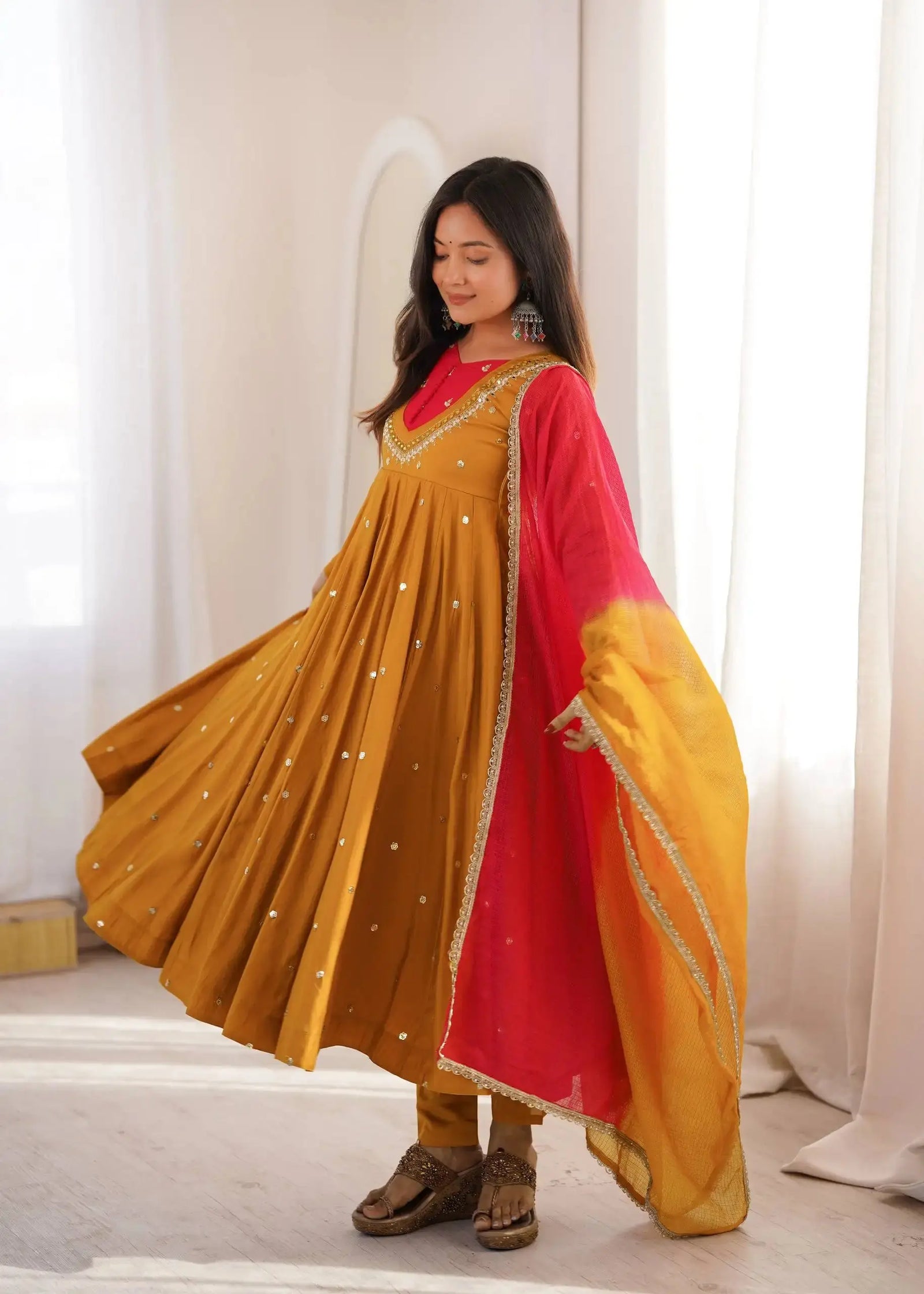 Yellow Sequins Embroidered Anarkali Suit – full-length model shot with pant and dupatta