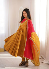 Yellow Sequins Embroidered Anarkali Suit – full-length model shot with pant and dupatta