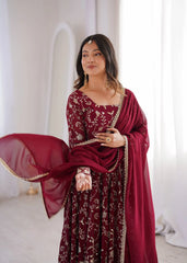 Maroon Anarkali Suit – second back view with lace border dupatta