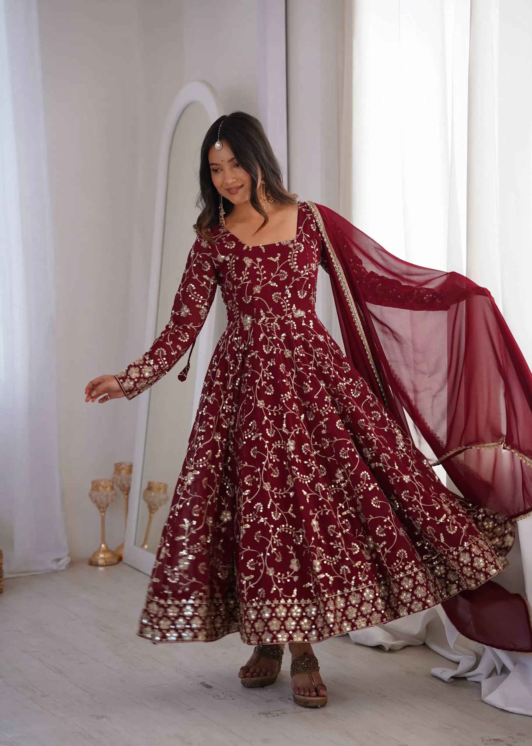 Maroon Sequins Embroidered Anarkali Suit – back view showing U-back with dori tie-up