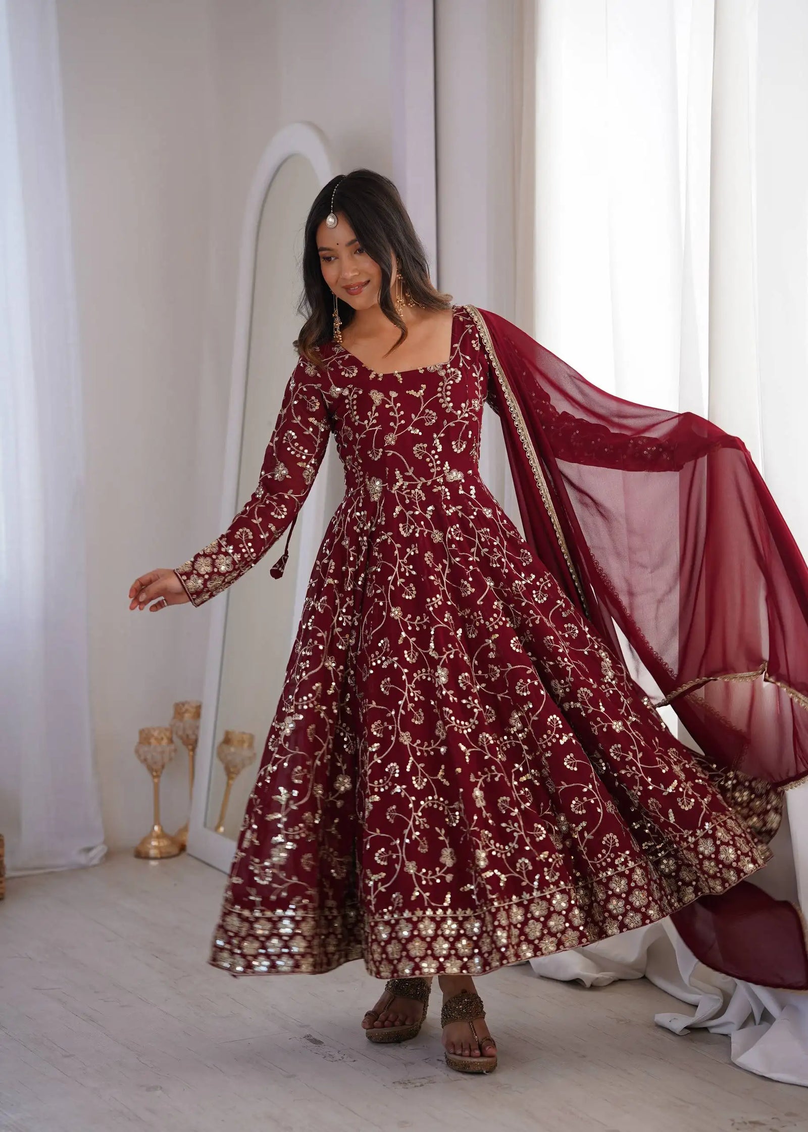 Maroon Sequins Embroidered Anarkali Suit – back view showing U-back with dori tie-up