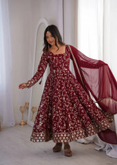 Maroon Sequins Embroidered Anarkali Suit – back view showing U-back with dori tie-up