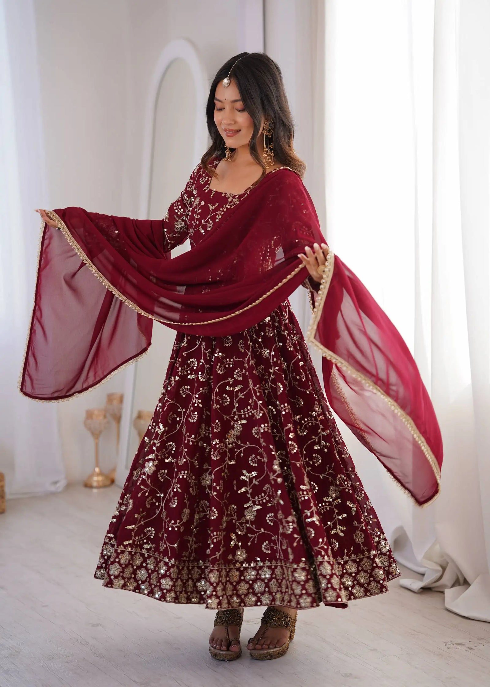 Maroon Suit – dense floral medallion hem border embroidery close-up