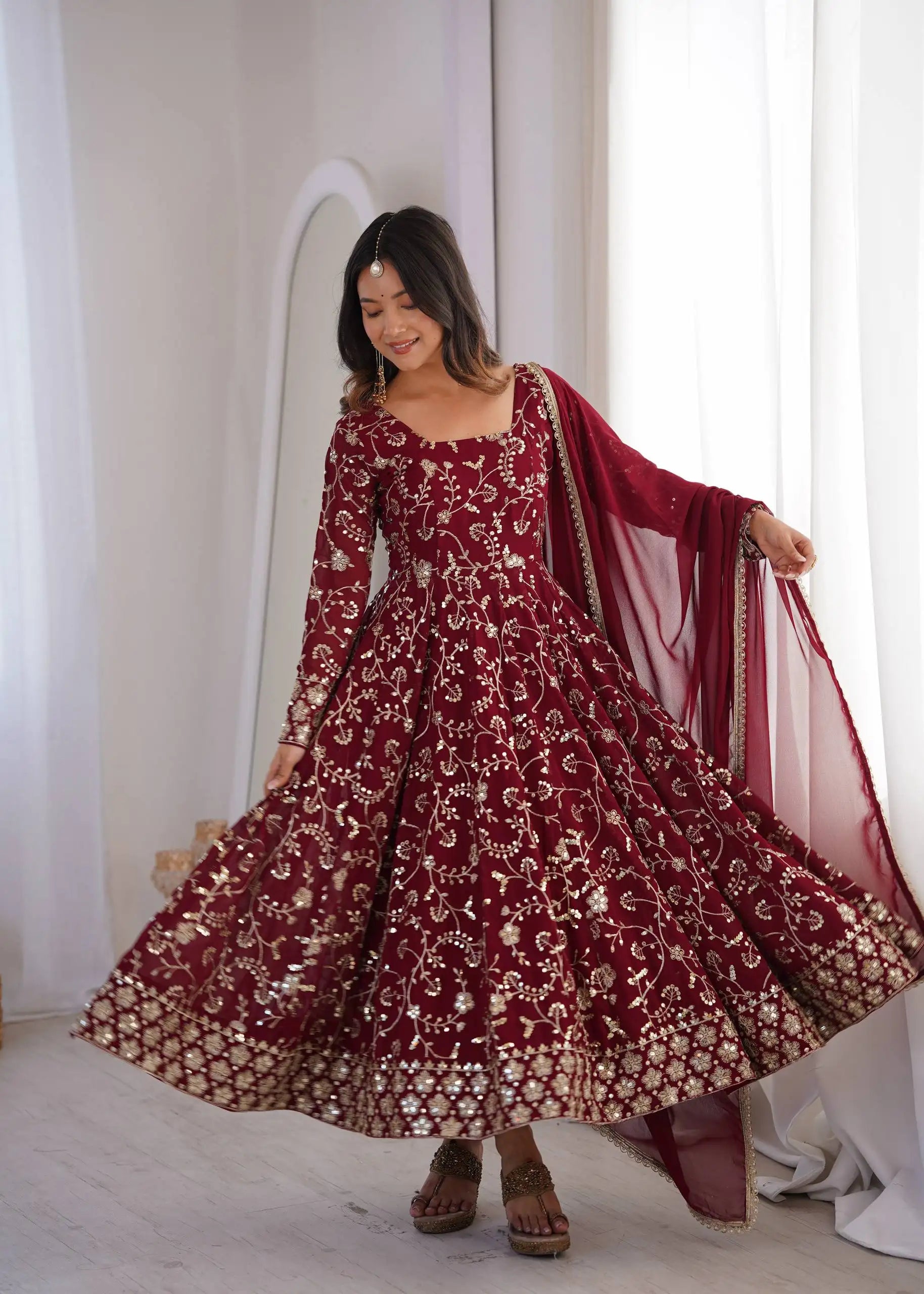 Maroon Anarkali Suit – square neckline and yoke embroidery detail close-up