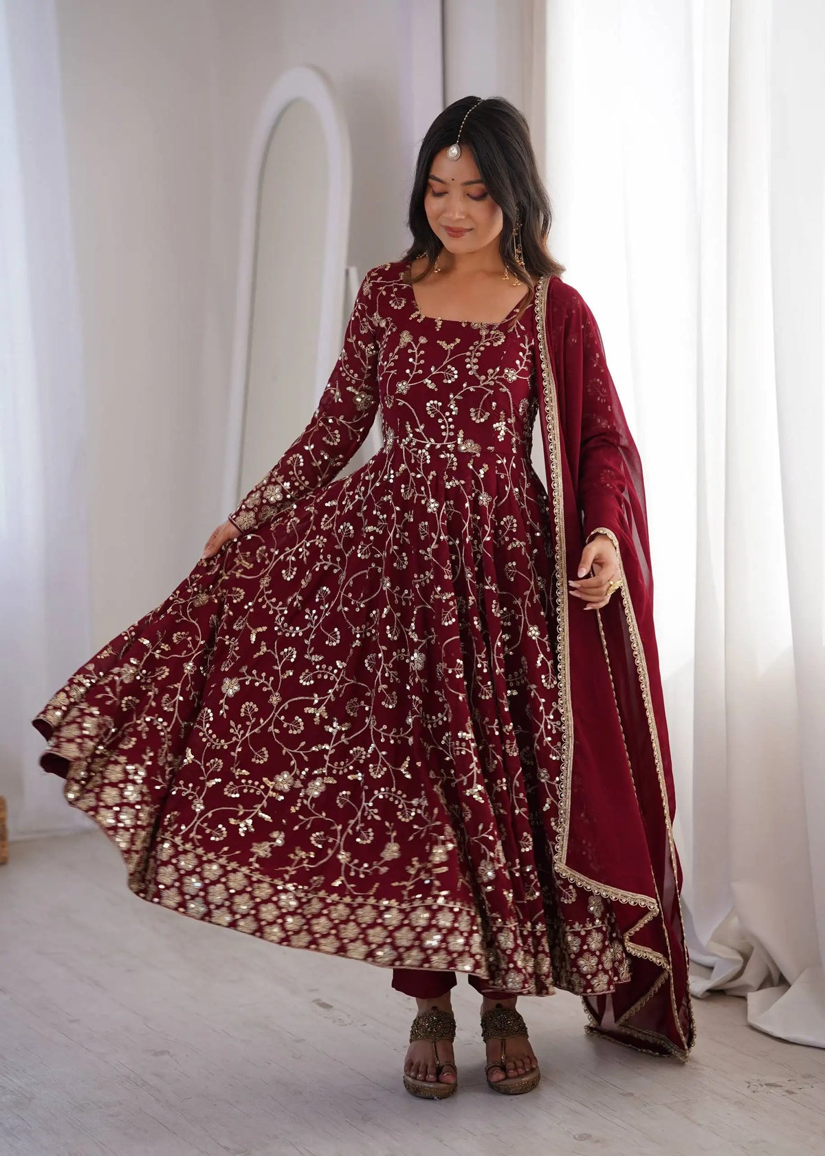 Maroon Anarkali Suit – close-up of all-over floral vine zari and sequins embroidery
