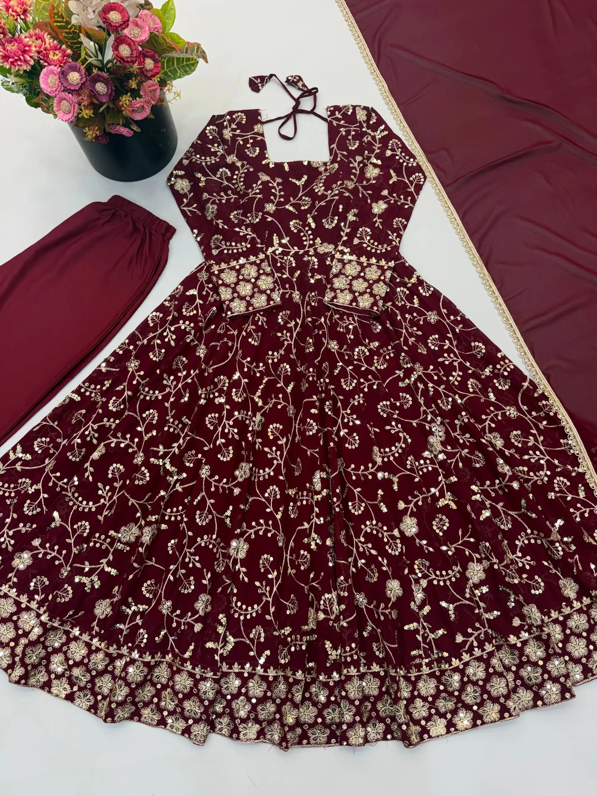 Maroon Sequins Embroidered Anarkali Suit flat lay – suit, straight pant and lace border dupatta