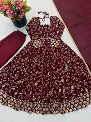 Maroon Sequins Embroidered Anarkali Suit flat lay – suit, straight pant and lace border dupatta