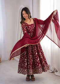 Maroon Sequins Embroidered Suit – Anarkali with Pant & Dupatta