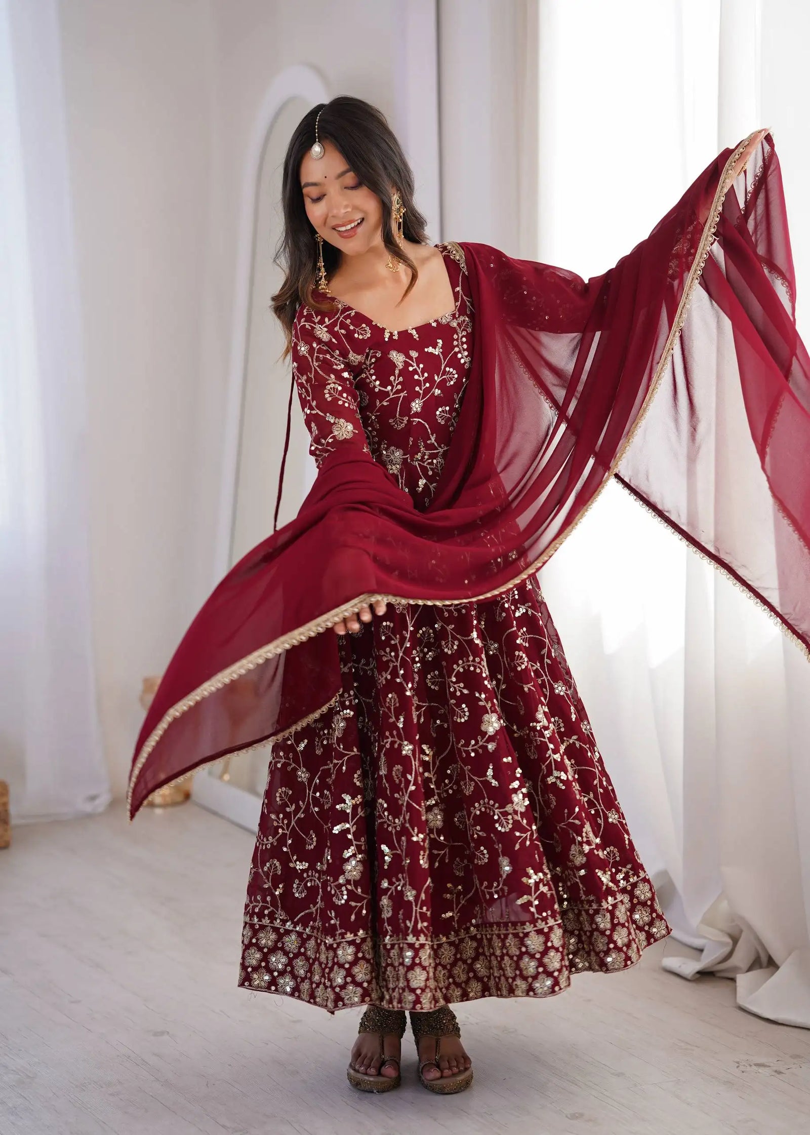 Maroon Sequins Embroidered Anarkali Suit – front view, all-over embroidery and square neckline