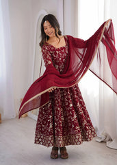 Maroon Sequins Embroidered Anarkali Suit – front view, all-over embroidery and square neckline