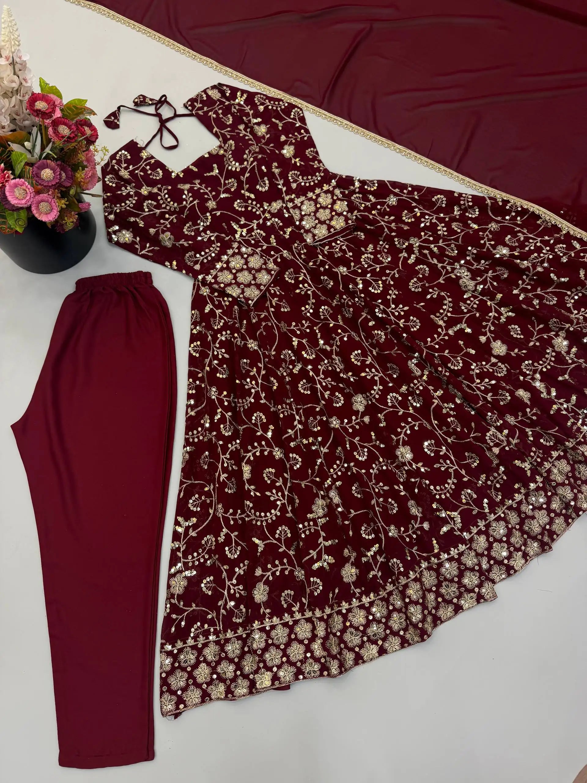 Maroon Anarkali Suit – second full-length pose showing all-over embroidery across flair