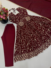 Maroon Anarkali Suit – second full-length pose showing all-over embroidery across flair