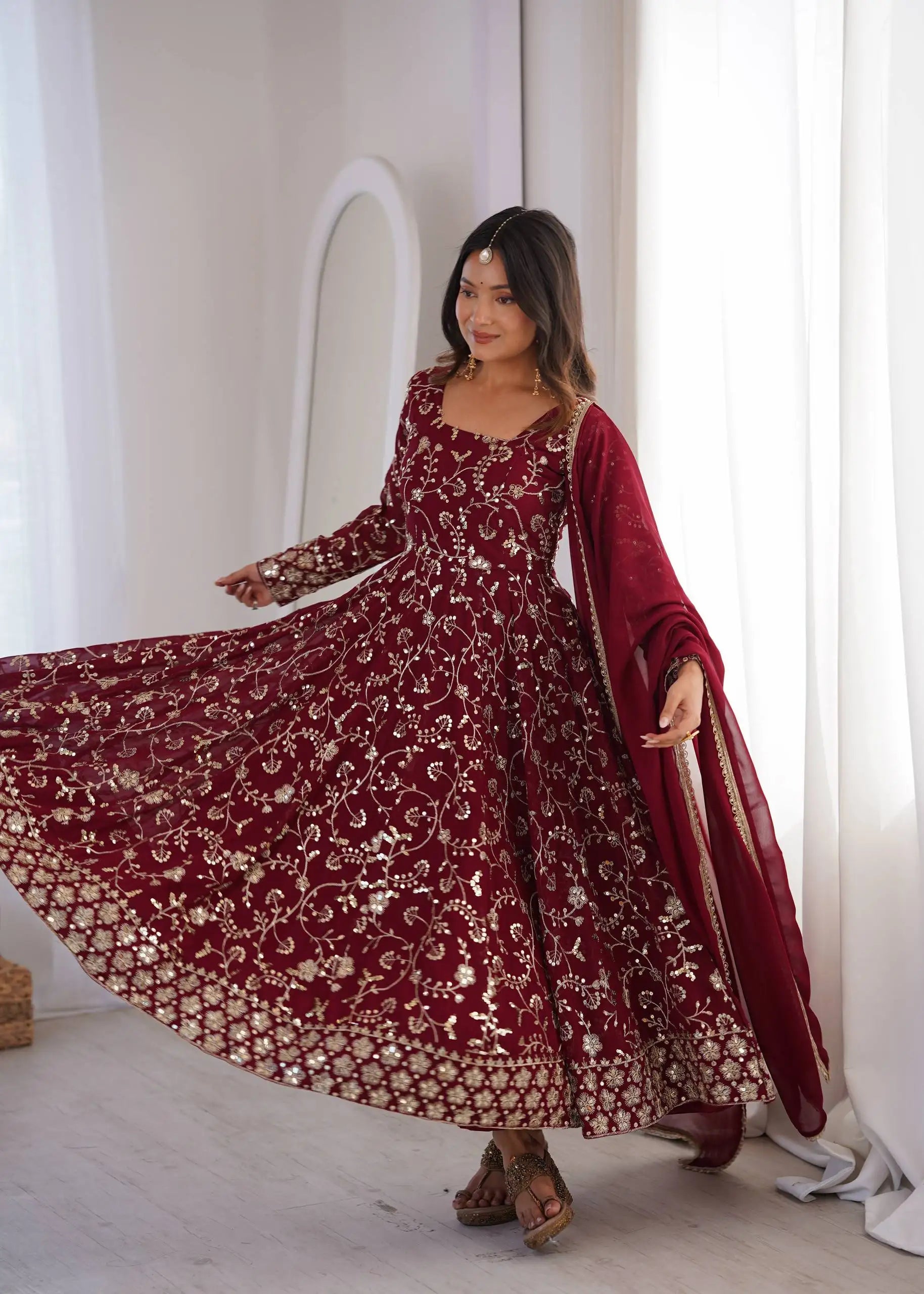 Maroon Suit – third full-length view highlighting Anarkali flair and sequins movement