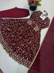 Maroon Embroidered Anarkali Suit – full-length angled pose with dupatta draped