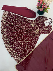 Maroon Anarkali Suit – full-length standing pose showing complete 3-piece set