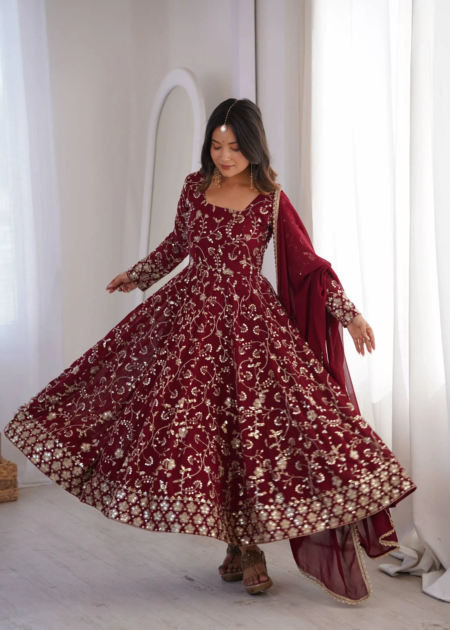 Maroon Sequins Embroidered Anarkali Suit – full-length model shot with pant and dupatta