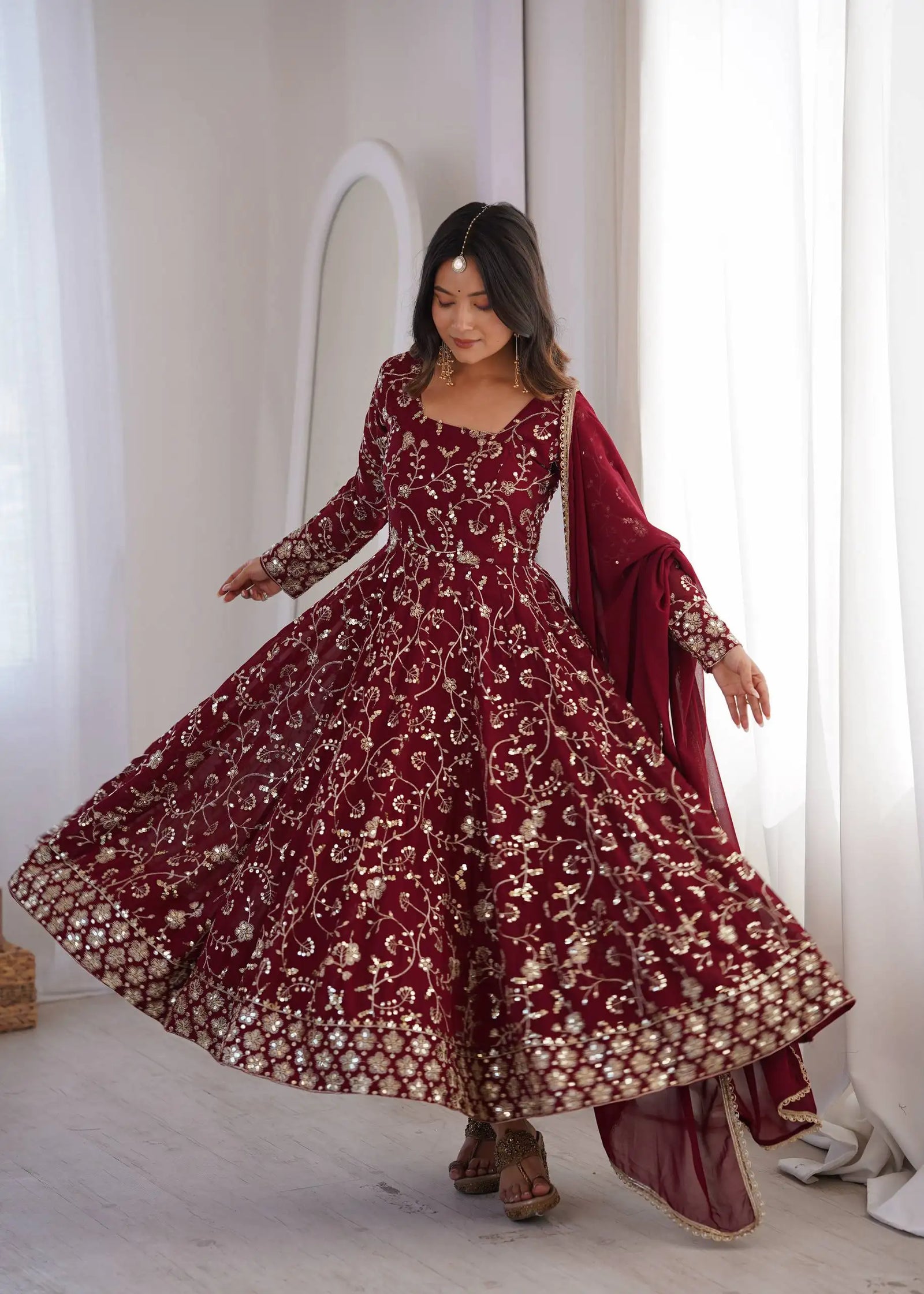 Maroon Sequins Embroidered Anarkali Suit – full-length model shot with pant and dupatta