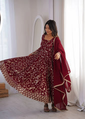Maroon Sequins Embroidered Suit – side view showing Anarkali silhouette and dupatta drape