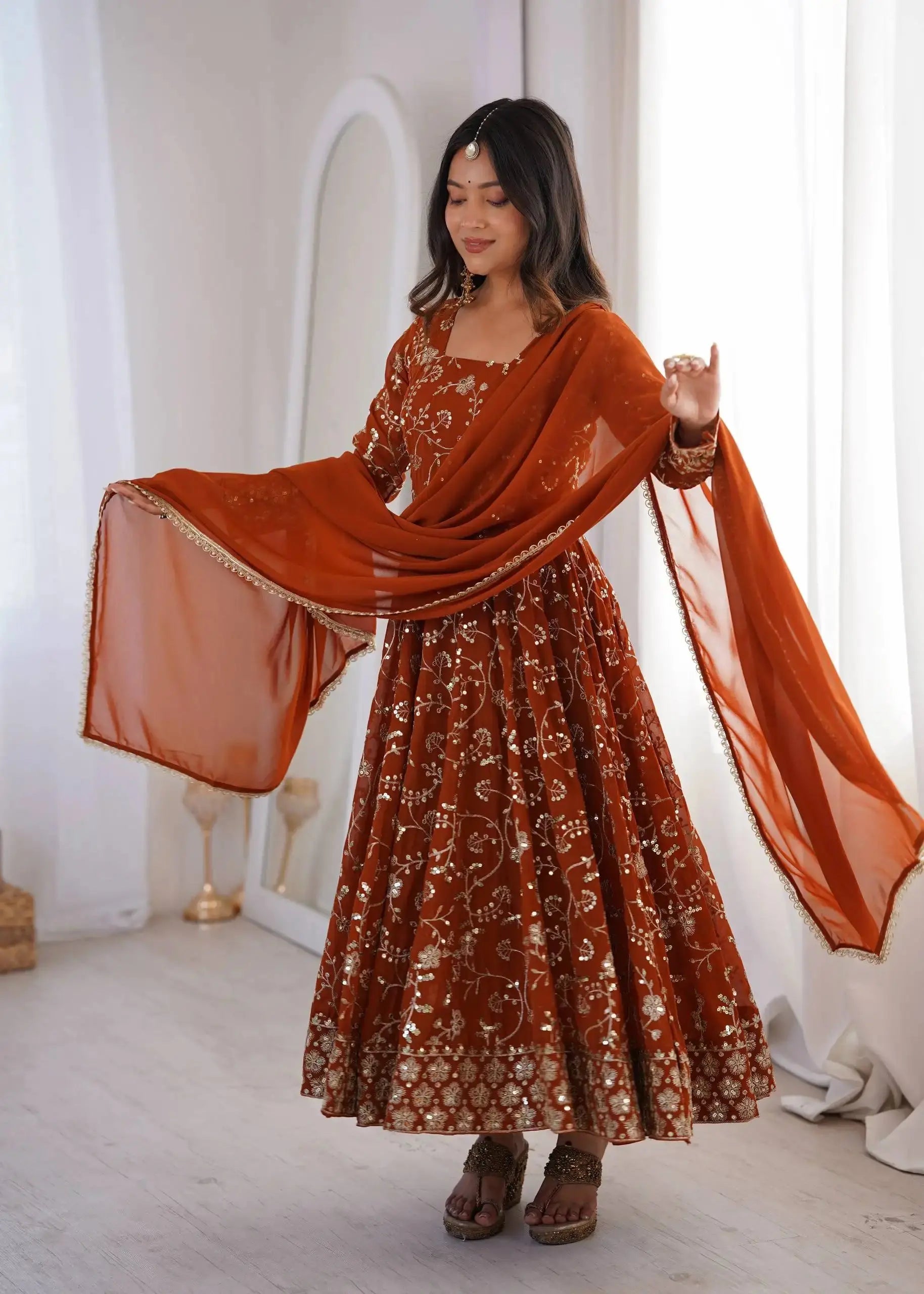 Orange Sequins Embroidered Anarkali Suit – Wide Dupatta Spread | KU248 | Kalyanja