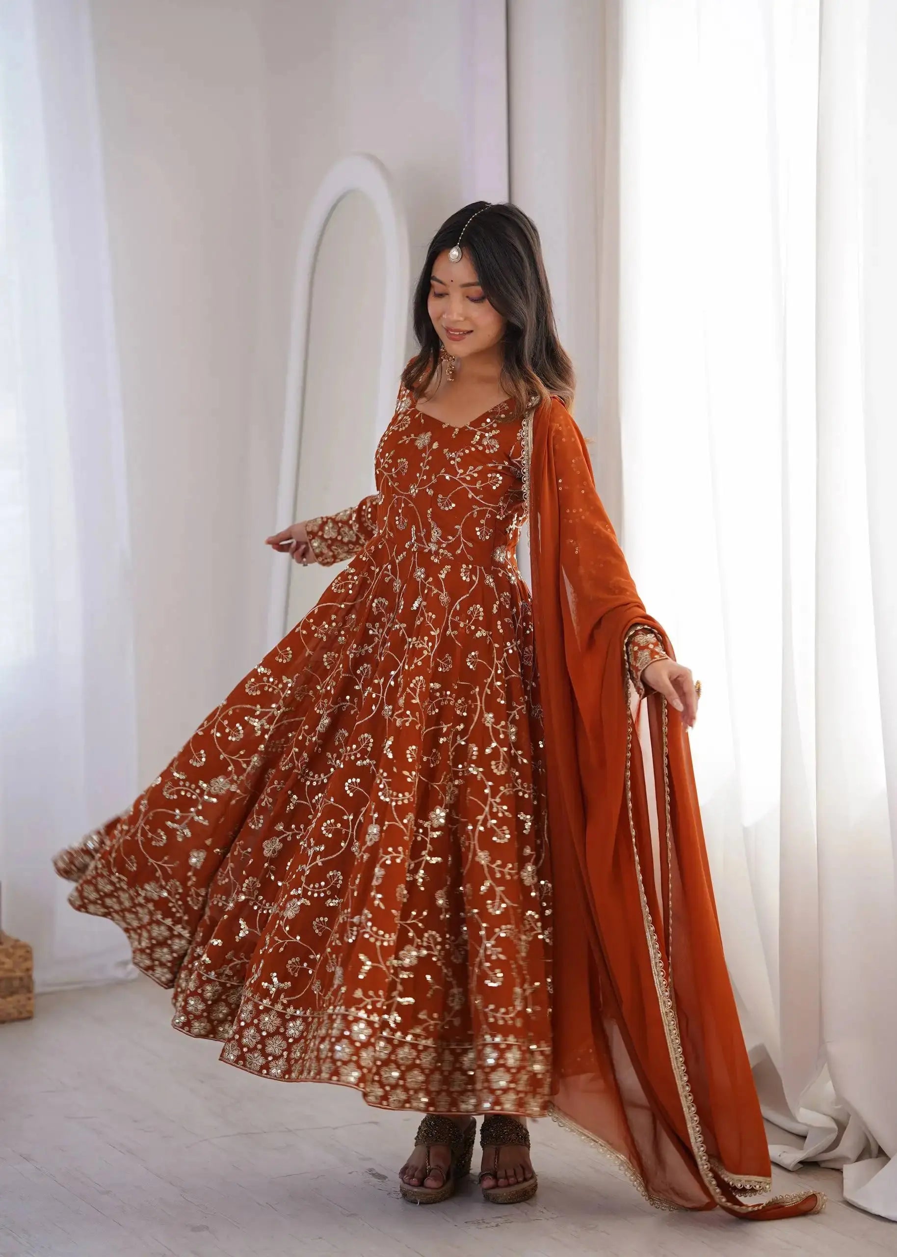 Orange Embroidered Anarkali Suit – Flair Side View | Kalyanja