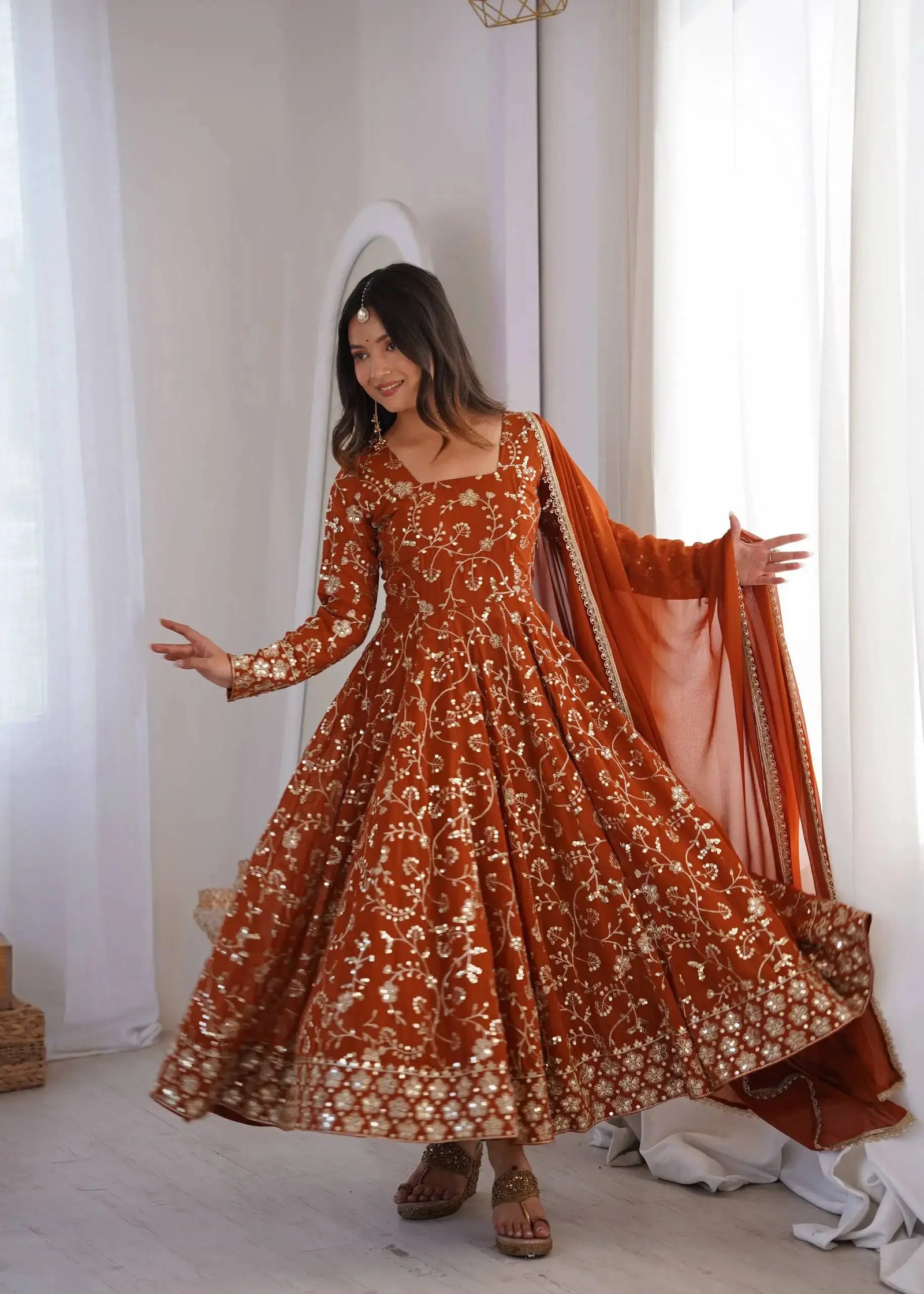 Orange Sequins Embroidered Suit – Rear Flair and Hem Border | KU248 | Kalyanja