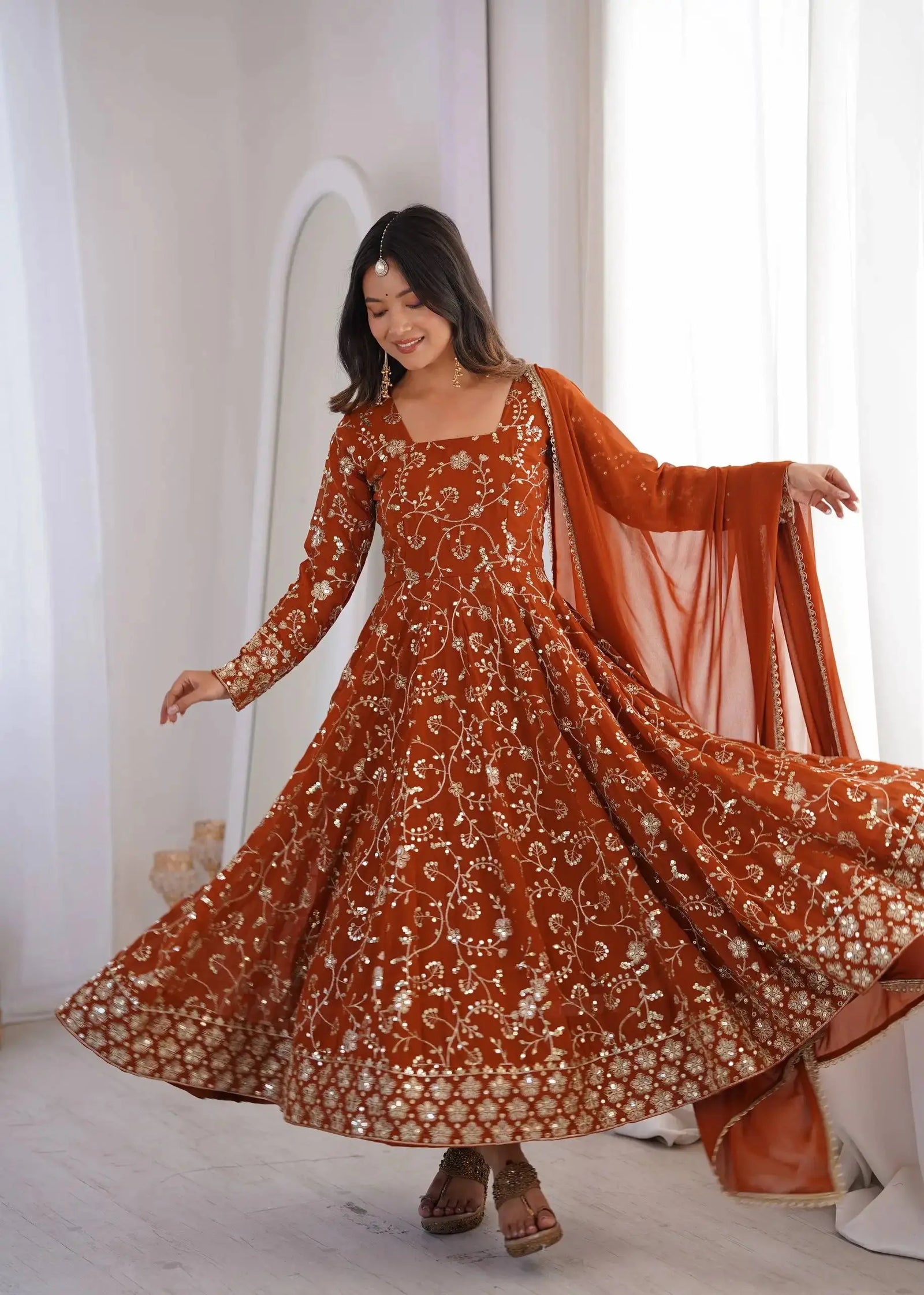 Orange Anarkali Suit with Zari Sequins Work – Flair View | Kalyanja