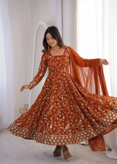 Orange Anarkali Suit with Zari Sequins Work – Flair View | Kalyanja