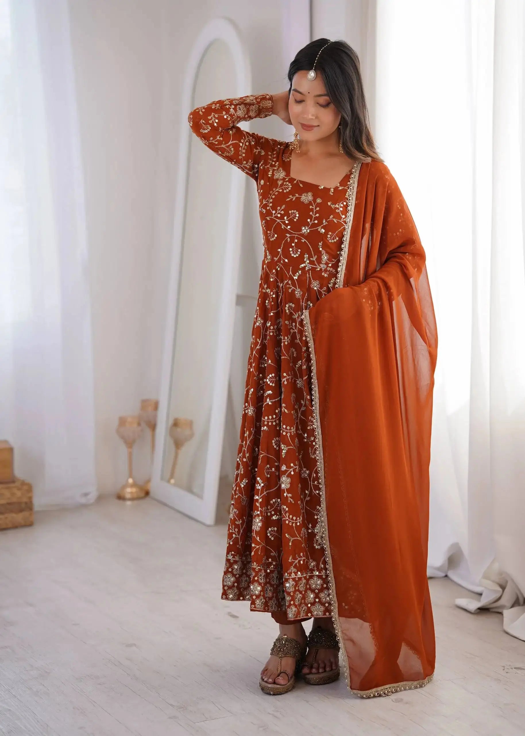 Orange Sequins Embroidered Suit – Square Neck Front View | KU248 | Kalyanja