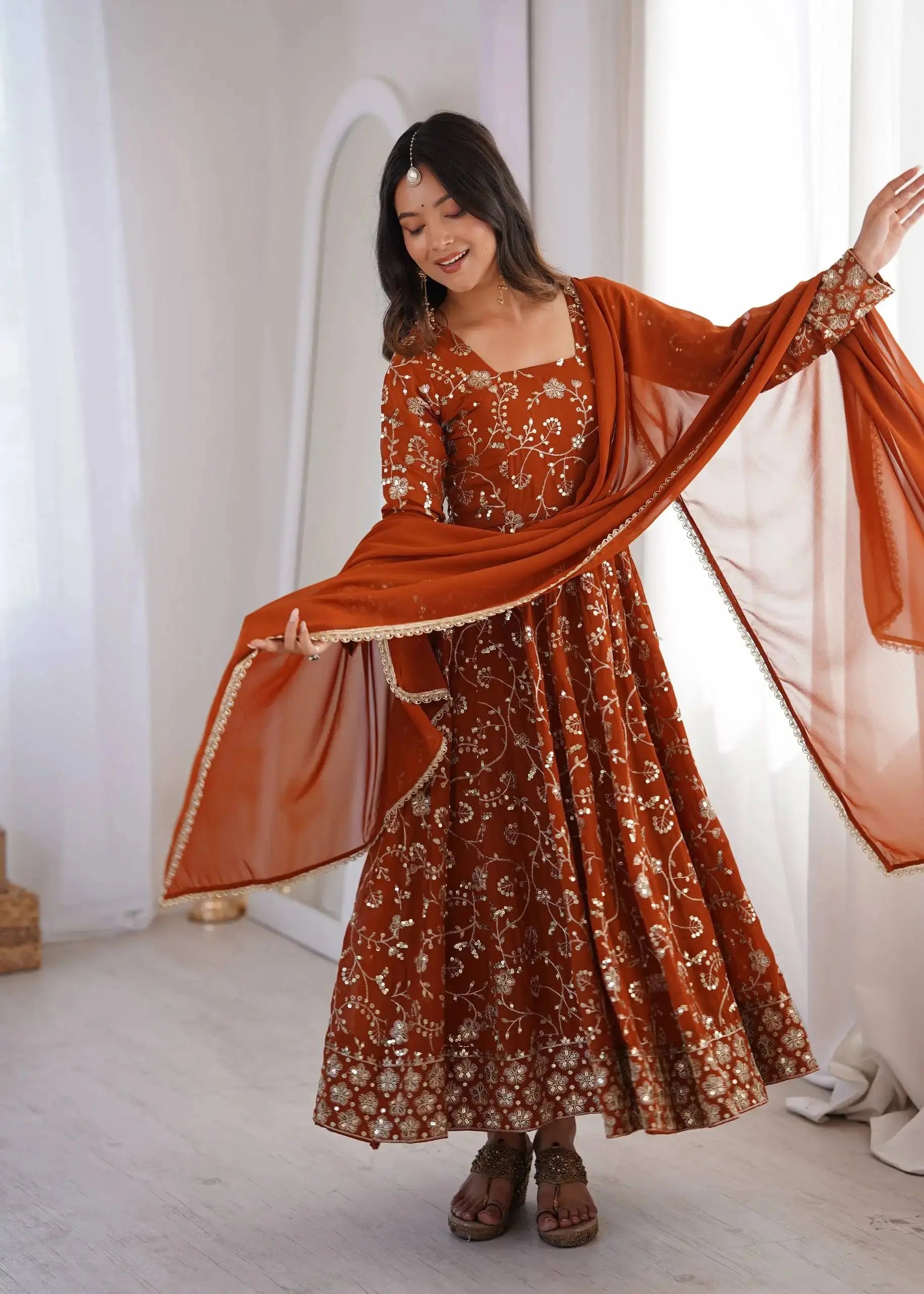 Orange Faux Georgette Anarkali Suit – Front Smiling View | Kalyanja