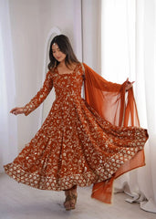 Orange Sequins Embroidered Suit – Front View with Dupatta | KU248 | Kalyanja