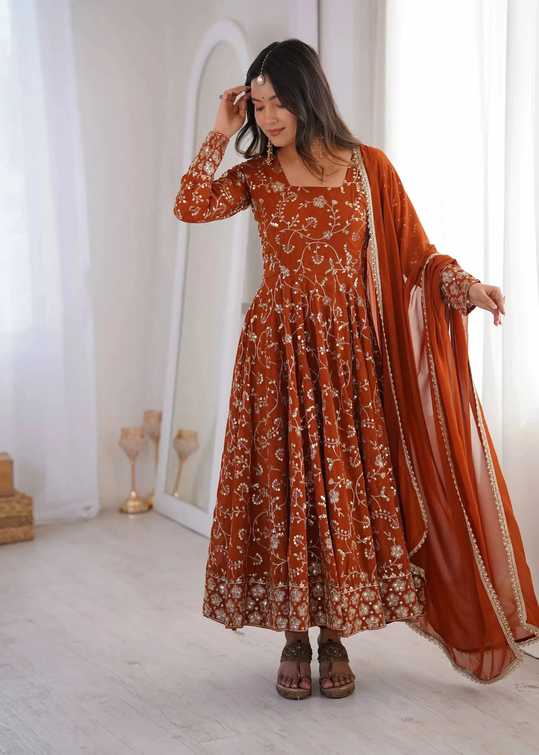 Orange Sequins Embroidered Anarkali Suit with Pant and Dupatta – KU248 | Kalyanja