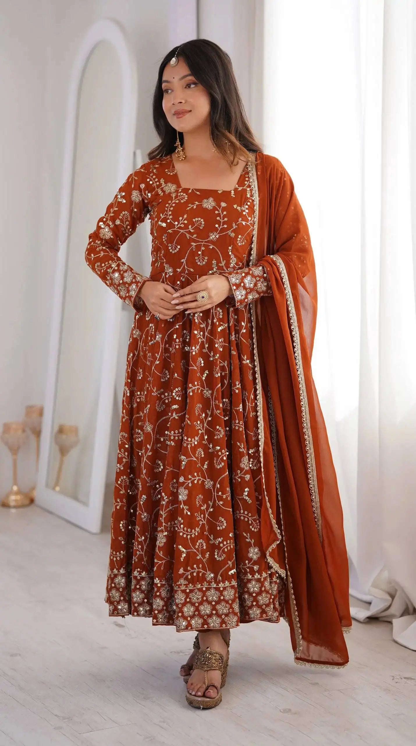 Orange Sequins Embroidered Anarkali Suit – Model with Flair | Kalyanja