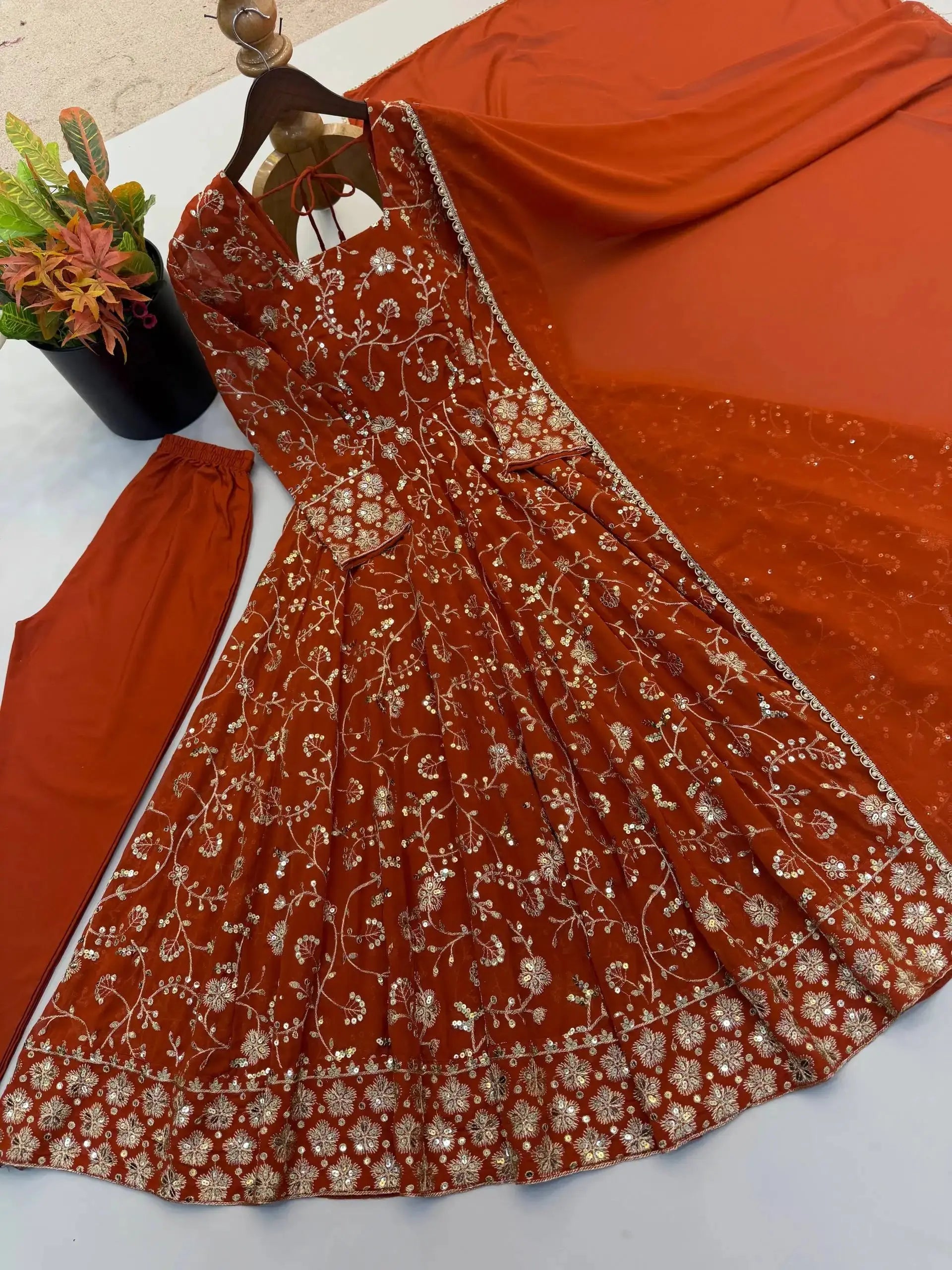 Orange Sequins Embroidered Anarkali Suit – Full Length Model View | Kalyanja