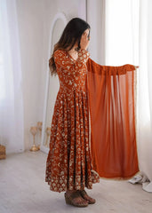 Orange All-Over Embroidered Anarkali Suit with Dupatta | Kalyanja