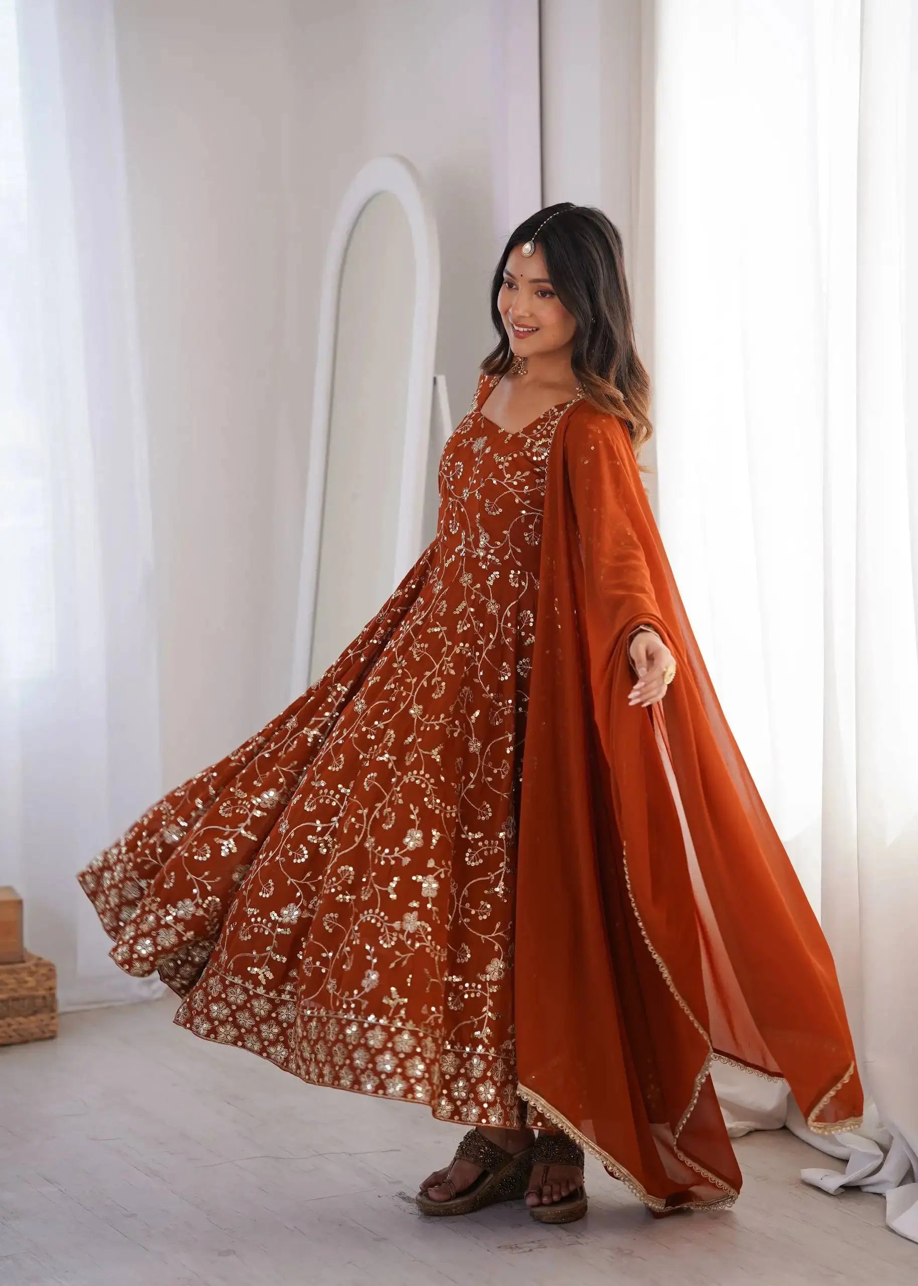Orange Faux Georgette Anarkali Suit – Side Profile Flair | Kalyanja