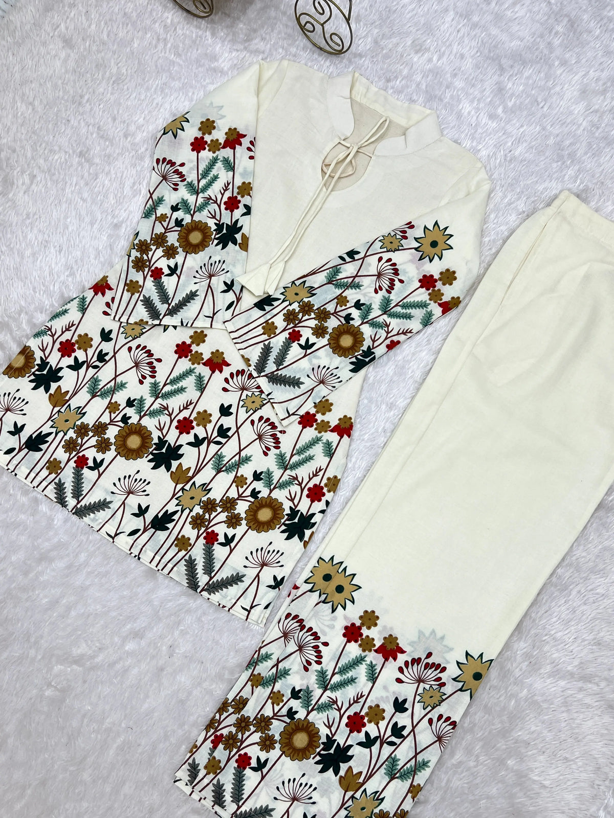 Off White Floral Print Suit Full Set Flat Lay Angled – KU249