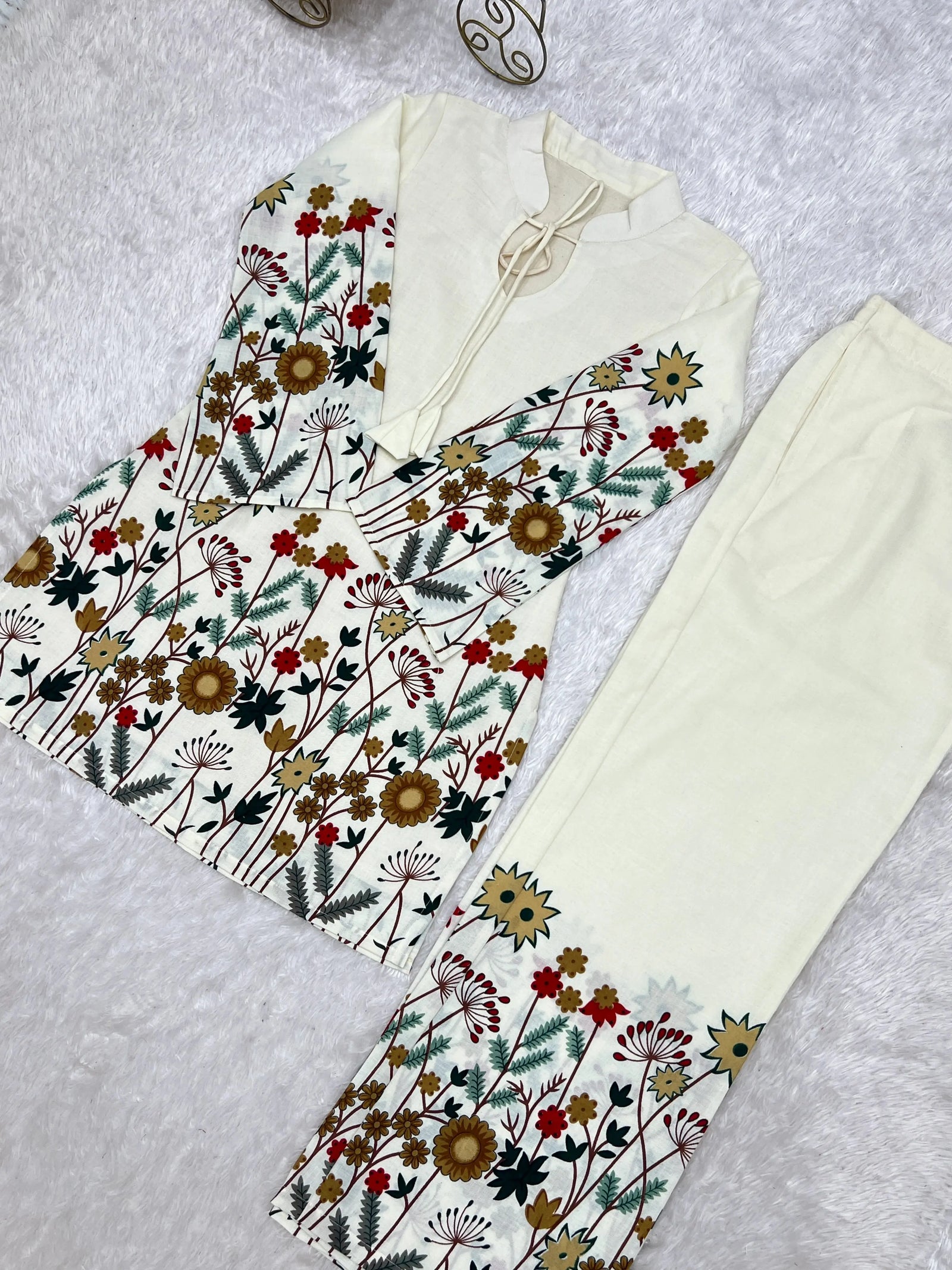 Off White Floral Print Suit Full Set Flat Lay Angled – KU249