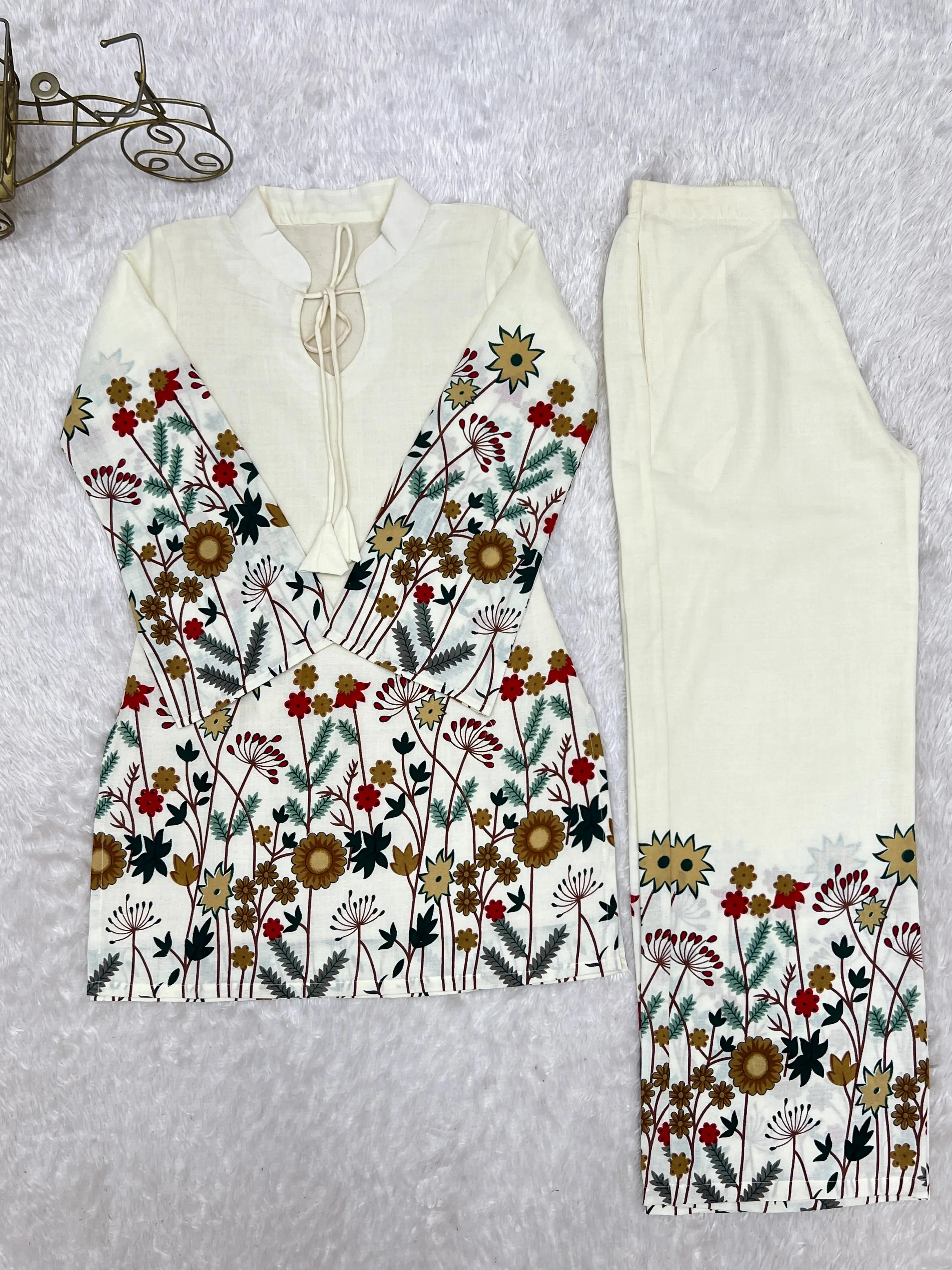 Off White Digital Floral Print Suit Set Flat Lay – KU249