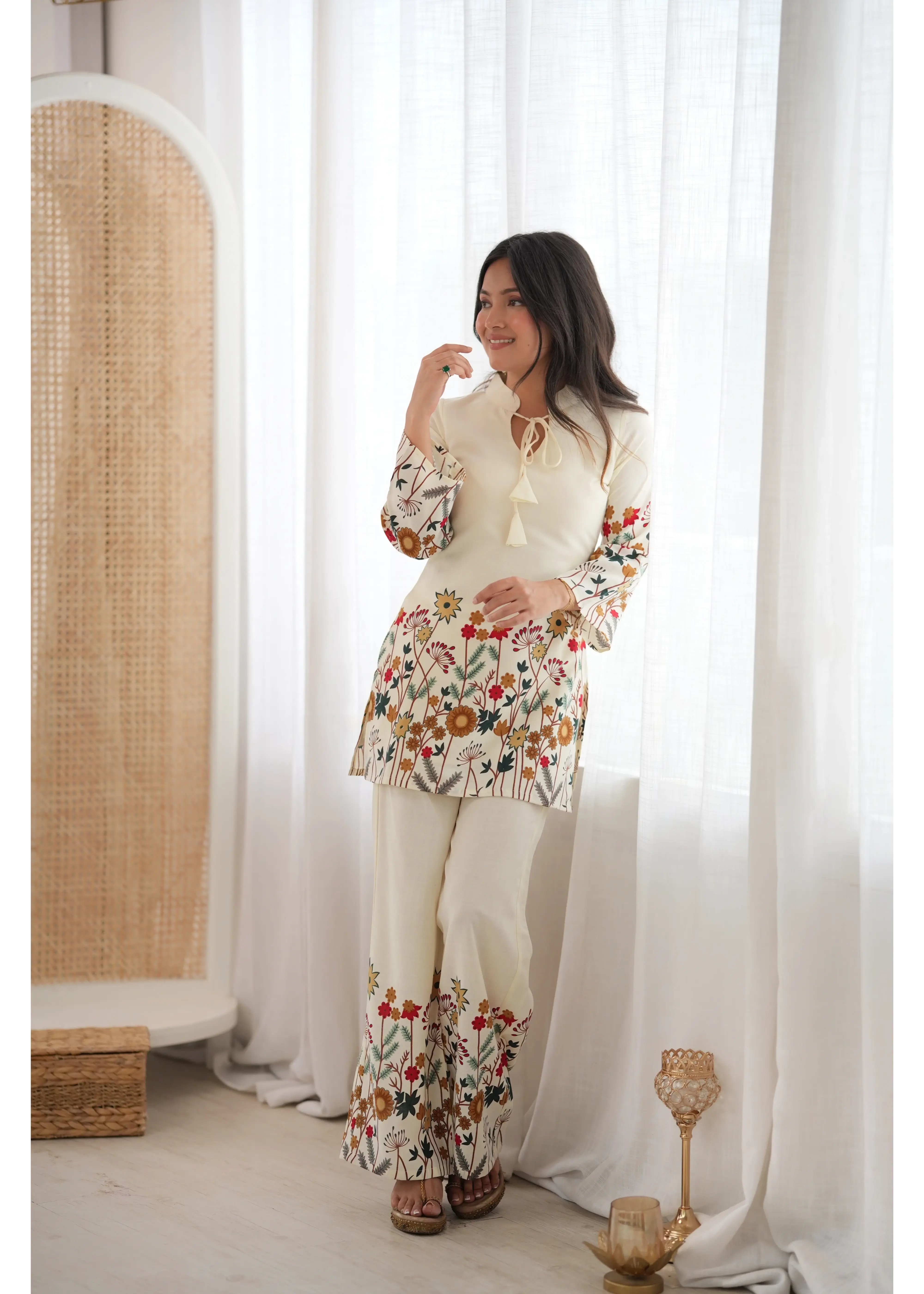 Off White Slub Cotton Suit with Botanical Print and Collar Neckline – KU249