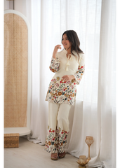 Off White Slub Cotton Suit with Botanical Print and Collar Neckline – KU249