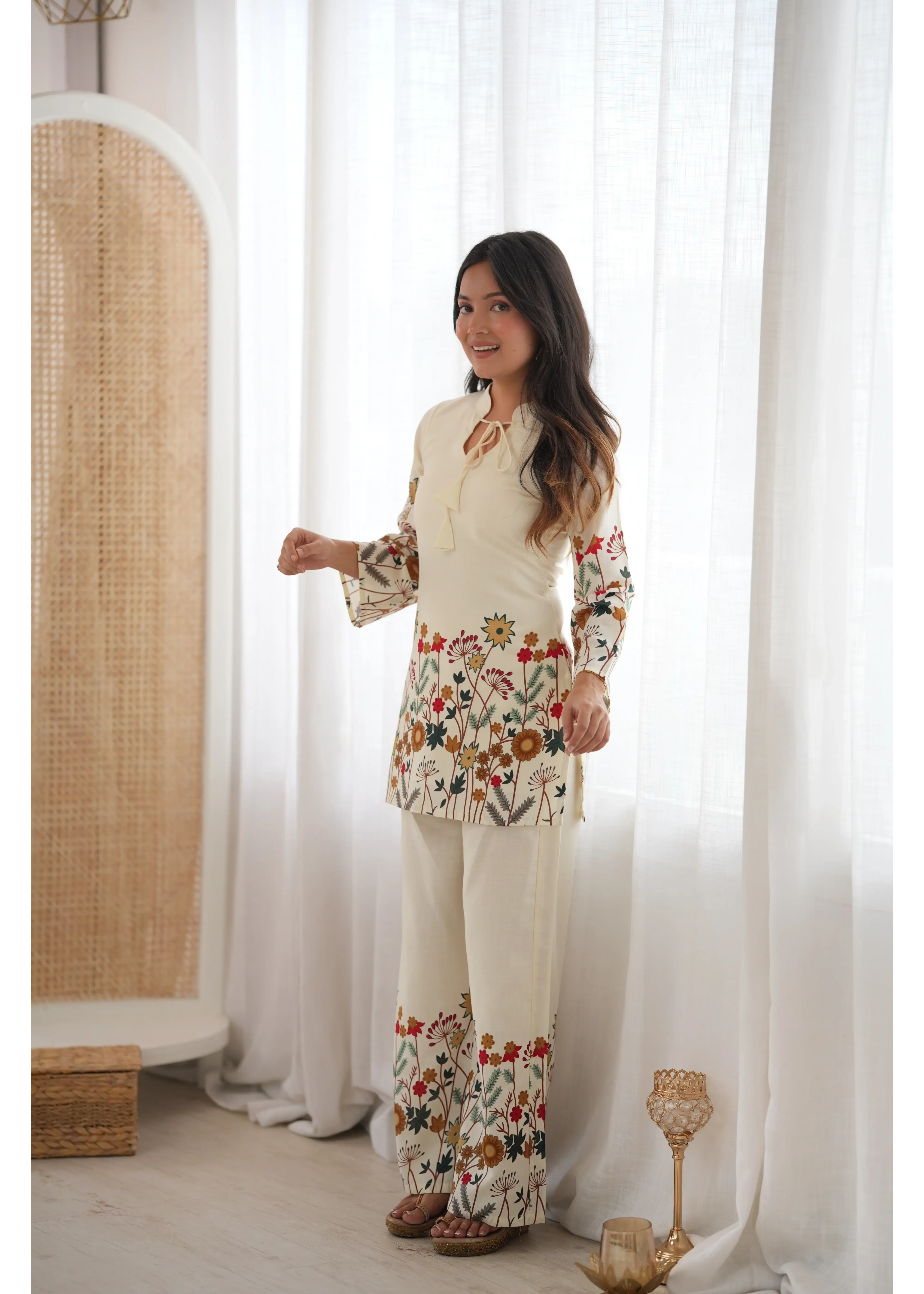 Off White Floral Print Suit Full Length View with Pant – KU249