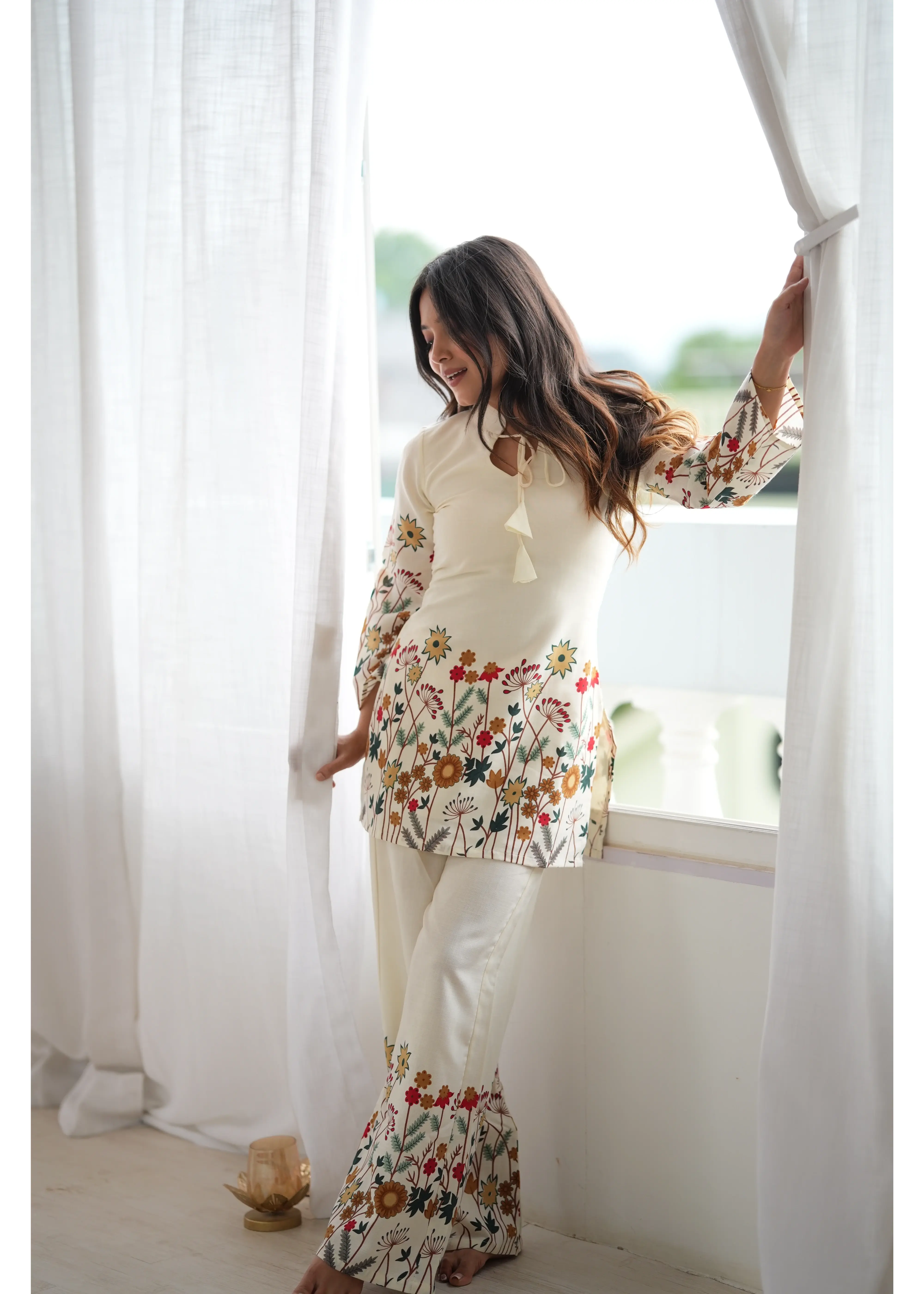 Off White Floral Print Suit Natural Light Front View – KU249