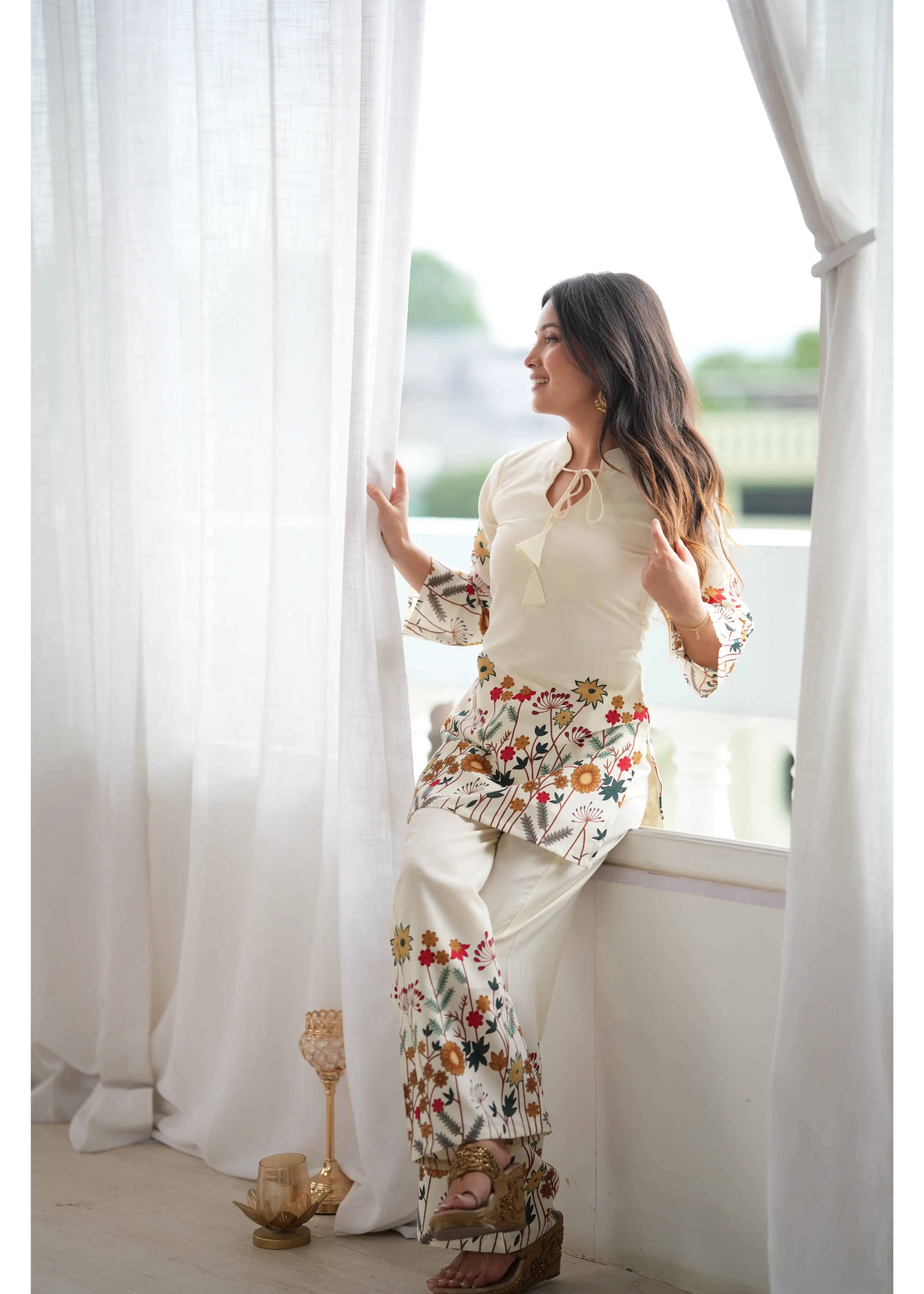 Off White Floral Print Suit with Natural Light Curtain – KU249