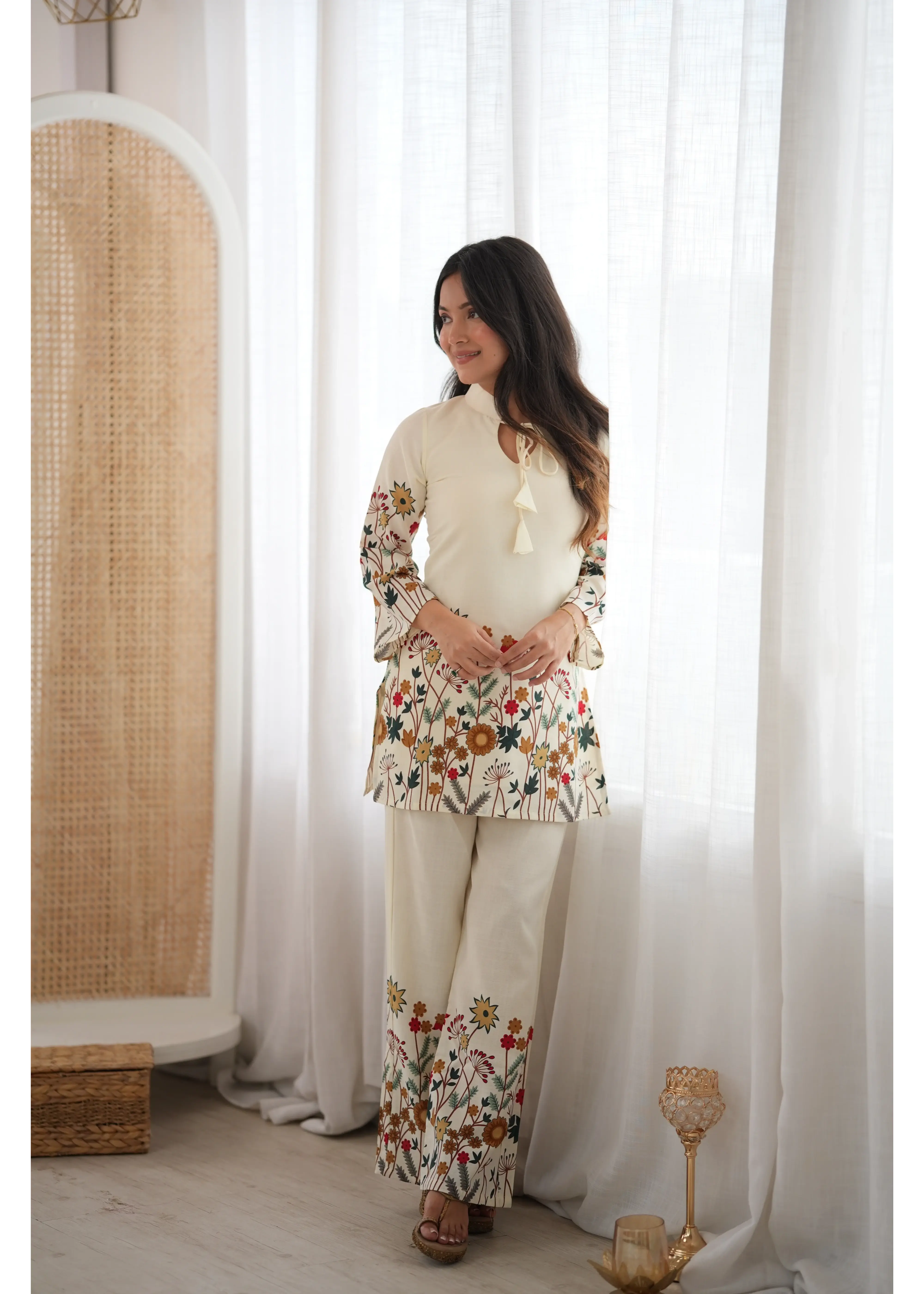 Off White Digital Floral Print Suit with Straight Pant Full Look – KU249