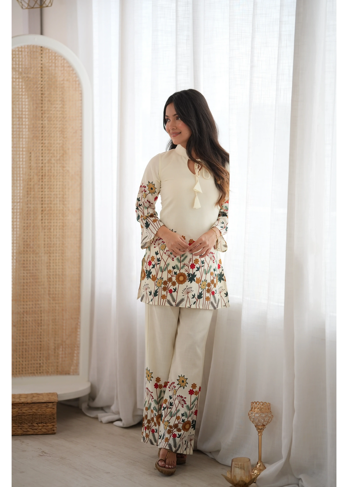 Off White Digital Floral Print Suit with Straight Pant Full Look – KU249